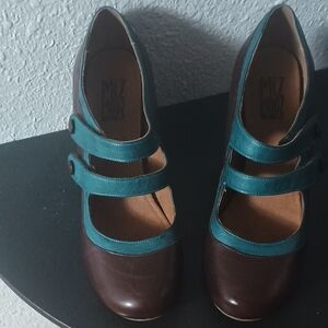 Miz Mooz Teal and Brown Double-Strap Mary Jane Heels